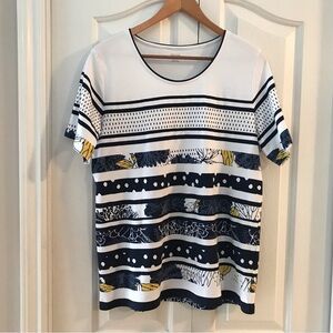 ALIA Women White/Blue Round Neck Short Sleeve Horizontal Stripes T-Shirt Size L